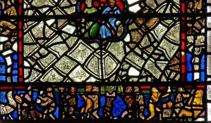 Fenster w40 mit einer Randtafel mit dem Affenbegräbnis